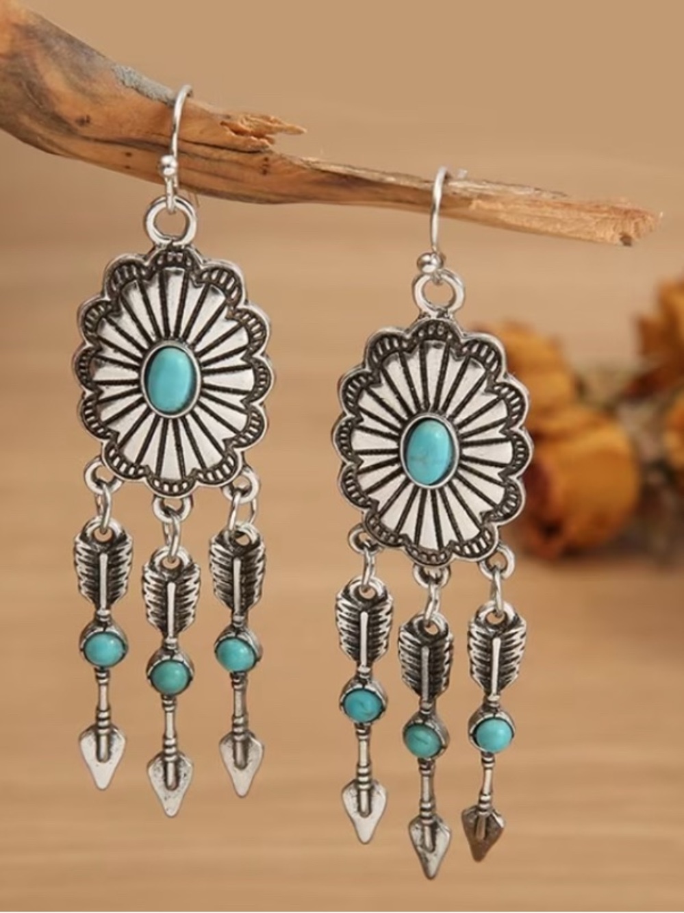 WESTERN Silver-Tone Faux Turquoise Dangle Feather Arrow Earrings